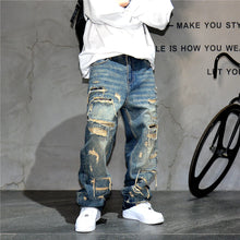 Load image into Gallery viewer, Mens Ripped Baggy Distressed Denim Straight Leg Patchwork Oversized  Jeans
