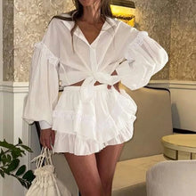 Load image into Gallery viewer, Shorts Pant Set Women Two Piece  Turn Down Collar Full Sleeve Solid Tops Wide Leg  Short Set
