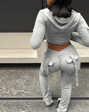 Cargar imagen en el visor de la galería, Sudadera con capucha y diseño de cremallera con ombligo descubierto y pantalones de trabajo con cintura en V y cordón ajustable, conjunto de pantalones deportivos largos.
