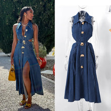 Load image into Gallery viewer, Denim Long Dress High Waist A Line Vestidos Turn Down Collar
