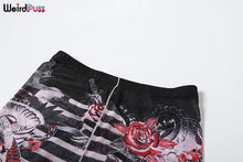 Load image into Gallery viewer, Weird Puss Aesthetic Print Sexy Women 2 Piece Set See Through Spring Turtleneck Crop Tops+Pants Stripe Stretch Thin Clubwear
