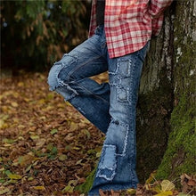 Cargar imagen en el visor de la galería, Pantalones vaqueros acampanados estilo americano con parches elásticos vintage para hombre, ropa de calle con botones y bolsillos empalmados, pantalones vaqueros casuales de uso diario para jóvenes, talla 23
