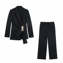 Load image into Gallery viewer, Women Suit Pants Two-Piece Set Buckle Decoration Long Sleeve Blazer Coat + Straight-Leg Pants 2 Pieces Sets Chic Woman Outfits
