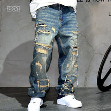 Load image into Gallery viewer, Mens Ripped Baggy Distressed Denim Straight Leg Patchwork Oversized  Jeans
