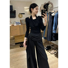 Load image into Gallery viewer, Women's 2-Piece Set: Wrap-Front Long-Sleeve Top Wide-Leg Pants
