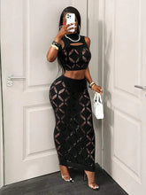Lade das Bild in den Galerie-Viewer, FHSEER 2PCS Women's Plus Size Black Mesh Hollow Out Crop Tank &amp; High Maxi Dress Set

