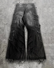 Load image into Gallery viewer, Streetwear Goth Punk Multi-Pocket Cargo Jeans Mens Black Distressed Flared Denim Pants with Straps Zippers Studs  Frayed Edges
