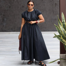 Load image into Gallery viewer, Two-Piece Skirt Set for Women Short Puff Sleeve Crop Top and High Waist Ruched Skirt Elegant Casual Flowy Outfit with Pockets
