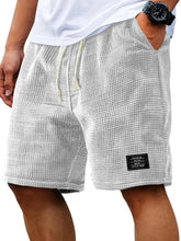 Load image into Gallery viewer, Mens Shorts Solid Color Mid Waist Summer Motion Waffle Texture Deep Crotch Drawstring Men Shorts Loose Knee Length Casual Short
