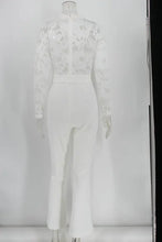 Load image into Gallery viewer, Woman Lace Stitching Long Sleeve V-neck Wide Leg Pants With Belt Lady Jumpsuit

