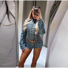 Load image into Gallery viewer, Y2K Style Denim Jacket Shorts Set Women's Stand Collar Button Long Sleeve Coats Low Waist Mini Short 2026 Summer New Lady Outfit
