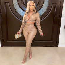Lade das Bild in den Galerie-Viewer, Sexy PU Faux Leather Two Piece Set for Women Birthday Night Club Outfits Crop Top and Slit Stacked Pants Matching Sets Undefined
