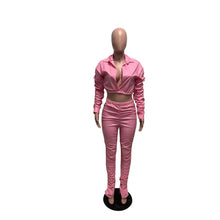 Lade das Bild in den Galerie-Viewer, Sexy PU Faux Leather Two Piece Set for Women Birthday Night Club Outfits Crop Top and Slit Stacked Pants Matching Sets Undefined
