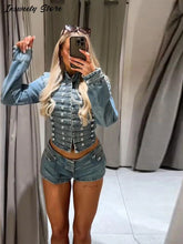 Load image into Gallery viewer, Y2K Style Denim Jacket Shorts Set Women's Stand Collar Button Long Sleeve Coats Low Waist Mini Short 2026 Summer New Lady Outfit
