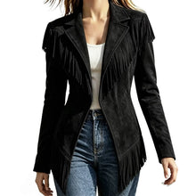 Load image into Gallery viewer, Women Faux Suede Fringe Slim Fit Turn Down Collar Long Sleeve Jacket
