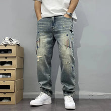 Load image into Gallery viewer, Trendy Edgy And Stylish Men's  With Patchwork Embroidery And Prints Loose-fitting Straight Leg Jeans
