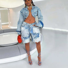Lade das Bild in den Galerie-Viewer, Women Two Piece Denim Turn Down Collar Matching Sets
