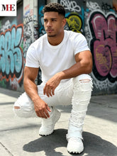 Load image into Gallery viewer, Men's White Denim  Stacked Ripped Slim Flared Jeans
