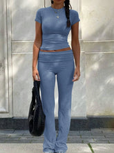 Lade das Bild in den Galerie-Viewer, Casual Workout  Short Sleeve Crop High Waist Foldover Flare Pants Sets
