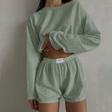 Load image into Gallery viewer, Womens Summer Fashion Casual Two Piece Outfits Casual Shorts Set O Neck Long Sleeve Tops And Shorts Swim Short Suits for Women
