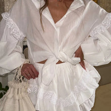Load image into Gallery viewer, Shorts Pant Set Women Two Piece  Turn Down Collar Full Sleeve Solid Tops Wide Leg  Short Set
