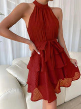 Load image into Gallery viewer, Women's Red Mini Dress Vestidos 2025 Summer Fashion Sexy Style Halter Sleeveless Ruffle Edge Tied Woman Dresses Women Sundress
