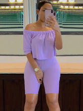 Cargar imagen en el visor de la galería, , Off Shoulder Short Sleeve Tops &amp; Slim Shorts Set
