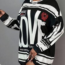 Lade das Bild in den Galerie-Viewer, Plus Size - LOVE' Letter Print with Text And Stripe Long Sleeve Top
