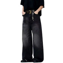 Load image into Gallery viewer, SHADOW FASHION CLOTHING men's baggy black denim jeans with a washed finish, straight leg fit, and zipper fly.
