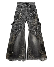 Load image into Gallery viewer, SHADOW FASHION CLOTHING black distressed denim cargo jeans with flared legs, multiple pockets, zippers, and studs.
