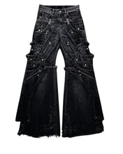 Load image into Gallery viewer, SHADOW FASHION CLOTHING black distressed denim cargo jeans with flared legs, multiple pockets, zippers, and studs.
