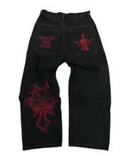 Load image into Gallery viewer, SHADOW FASHION CLOTHING black baggy cotton jeans with red gothic skeleton and cross embroidery on back pockets and leg
