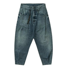 Load image into Gallery viewer, SHADOW FASHION CLOTHING men's vintage-wash blue denim harem pants with a loose fit and button fly closure.
