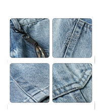 Load image into Gallery viewer, SHADOW FASHION CLOTHING denim cargo pants detail shots showing blue fabric texture, stitching, and metal hardware
