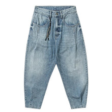 Load image into Gallery viewer, SHADOW FASHION CLOTHING men's light blue denim harem pants with a loose fit, button fly, and casual streetwear style.
