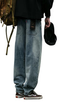 Load image into Gallery viewer, SHADOW FASHION CLOTHING men's loose-fit blue denim harem jeans with a casual streetwear style and button fly closure.
