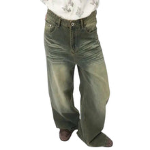 Load image into Gallery viewer, SHADOW FASHION CLOTHING men's loose-fit straight-leg denim jeans in a faded olive green wash with a worn-out design.
