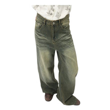 Load image into Gallery viewer, SHADOW FASHION CLOTHING men's loose-fit straight denim jeans in a faded olive-green wash with a worn-out aesthetic.
