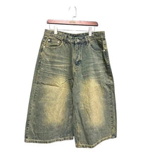 Load image into Gallery viewer, SHADOW FASHION CLOTHING loose-fit men's denim shorts in a light wash with a worn-out, vintage-inspired aesthetic.
