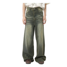 Load image into Gallery viewer, SHADOW FASHION CLOTHING men's loose-fit wide-leg denim jeans in a faded olive green wash with a worn-out aesthetic.
