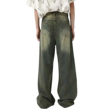Load image into Gallery viewer, SHADOW FASHION CLOTHING men's loose-fit straight-leg denim jeans in a faded olive green wash with a worn-out design.
