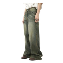 Load image into Gallery viewer, SHADOW FASHION CLOTHING men's loose wide-leg denim jeans in a distressed olive-green wash with a casual fit.
