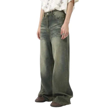 Load image into Gallery viewer, SHADOW FASHION CLOTHING men's loose-fit wide-leg denim jeans in a faded olive green wash with a worn-out aesthetic.
