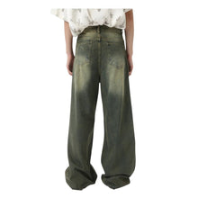 Load image into Gallery viewer, SHADOW FASHION CLOTHING men's loose-fit wide-leg denim jeans in a faded olive green wash with a casual worn-out look.
