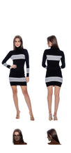 Load image into Gallery viewer, SHADOW FASHION CLOTHING ribbed knit turtleneck mini dress in black with grey horizontal stripes, front and back view.
