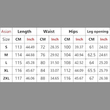 Load image into Gallery viewer, SHADOW FASHION CLOTHING size chart table for men's loose straight denim pants with measurements in cm and inches
