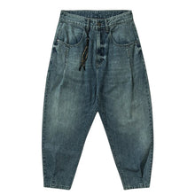 Load image into Gallery viewer, SHADOW FASHION CLOTHING men's loose-fit denim harem pants in a vintage blue wash with a button fly and casual streetwear style
