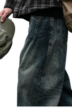 Load image into Gallery viewer, SHADOW FASHION CLOTHING men's loose-fit denim harem pants in a vintage washed dark blue, featuring a casual streetwear style.

