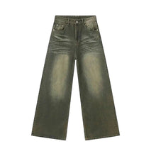 Load image into Gallery viewer, SHADOW FASHION CLOTHING men's loose-fit wide-leg denim jeans in a faded olive-green wash with a casual worn-out look.

