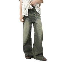 Load image into Gallery viewer, SHADOW FASHION CLOTHING men's loose-fit wide-leg denim jeans in a faded olive green wash with a casual worn-out look.
